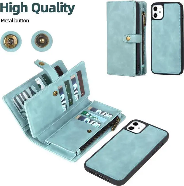 Alt view image 5 of 7 - TwoHead for iPhone 11 Wallet Case with Card Holder & Detachable Magnetic Phone Case, PU Leather Case Wallet for Women/Men with Wrist Strap (Blue)