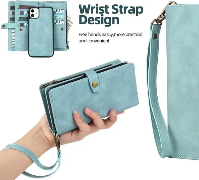 Alt view image 7 of 7 - TwoHead for iPhone 11 Wallet Case with Card Holder & Detachable Magnetic Phone Case, PU Leather Case Wallet for Women/Men with Wrist Strap (Blue)