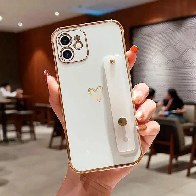 Alt view image 2 of 7 - Compatible with iPhone 11 Case for Women Girls, Bling Luxury Plated Bumper with Cute Love-Heart Design, Adjustable Hand Strap Stand, Raised Edges Shockproof Protection for iPhone 11 - White