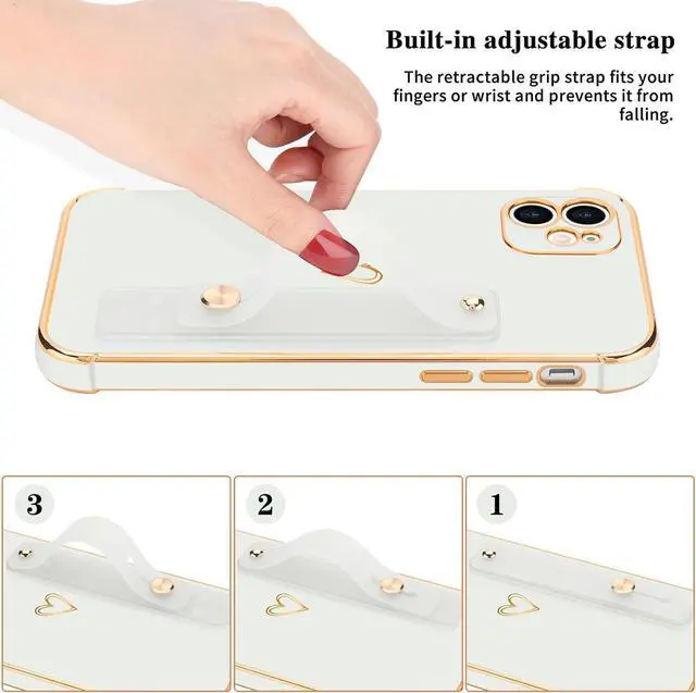 Alt view image 3 of 7 - Compatible with iPhone 11 Case for Women Girls, Bling Luxury Plated Bumper with Cute Love-Heart Design, Adjustable Hand Strap Stand, Raised Edges Shockproof Protection for iPhone 11 - White