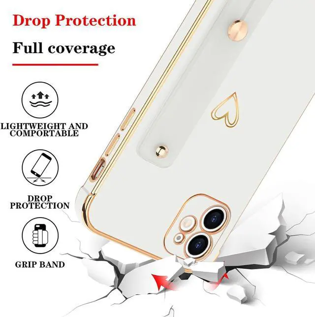 Alt view image 6 of 7 - Compatible with iPhone 11 Case for Women Girls, Bling Luxury Plated Bumper with Cute Love-Heart Design, Adjustable Hand Strap Stand, Raised Edges Shockproof Protection for iPhone 11 - White