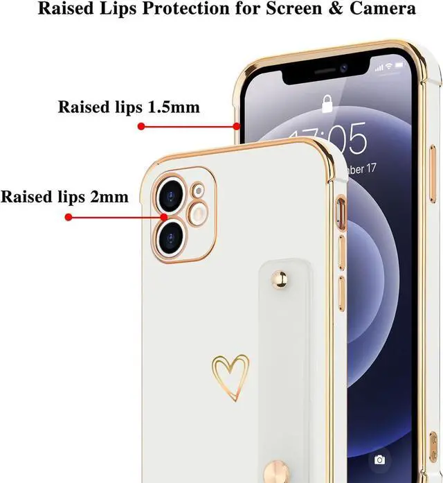 Alt view image 5 of 7 - Compatible with iPhone 11 Case for Women Girls, Bling Luxury Plated Bumper with Cute Love-Heart Design, Adjustable Hand Strap Stand, Raised Edges Shockproof Protection for iPhone 11 - White