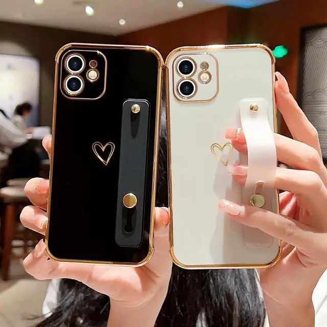 Alt view image 7 of 7 - Compatible with iPhone 11 Case for Women Girls, Bling Luxury Plated Bumper with Cute Love-Heart Design, Adjustable Hand Strap Stand, Raised Edges Shockproof Protection for iPhone 11 - White