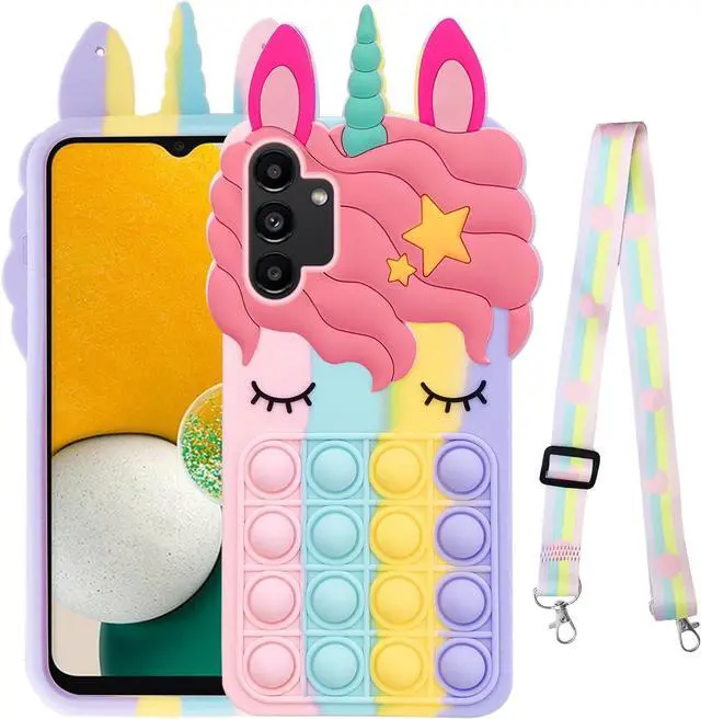 Main image of nancheng for Samsung Galaxy A13 5G Phone Case with Strap Lanyard Cute Girls Woman Silicone Bubble Cartoon Push Pop Toys Funny Kawaii Stress Relief Shockproof Protective Cover - Rainbow
