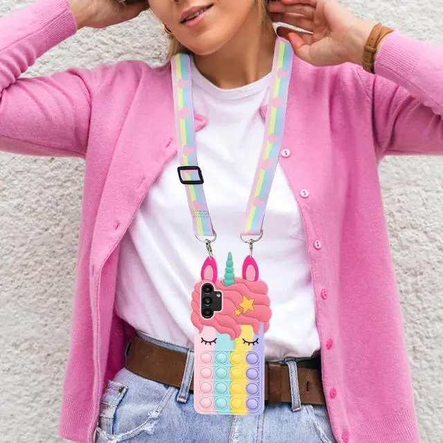 Alt view image 5 of 7 - nancheng for Samsung Galaxy A13 5G Phone Case with Strap Lanyard Cute Girls Woman Silicone Bubble Cartoon Push Pop Toys Funny Kawaii Stress Relief Shockproof Protective Cover - Rainbow
