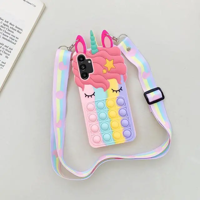 Alt view image 7 of 7 - nancheng for Samsung Galaxy A13 5G Phone Case with Strap Lanyard Cute Girls Woman Silicone Bubble Cartoon Push Pop Toys Funny Kawaii Stress Relief Shockproof Protective Cover - Rainbow