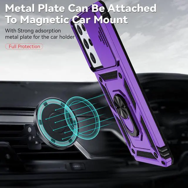Alt view image 3 of 7 - Phone Case with Camera Lens Cover for Samsung Galaxy S21 Ultra 5G, Military-Grade Drop Tested, Magnetic Ring Holder Kickstand Protective Case, Purple
