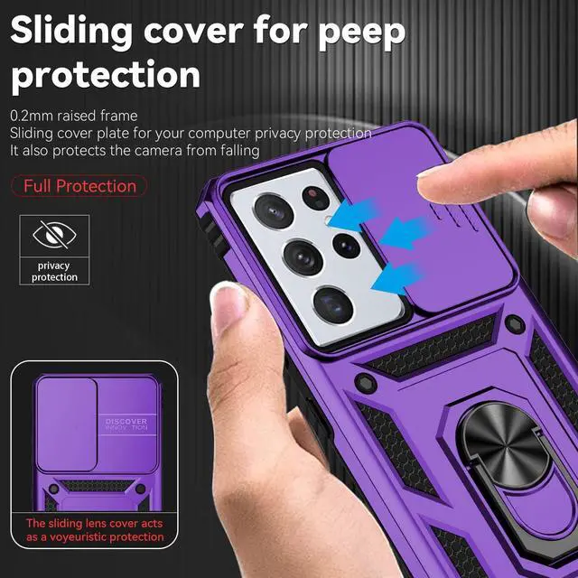 Alt view image 4 of 7 - Phone Case with Camera Lens Cover for Samsung Galaxy S21 Ultra 5G, Military-Grade Drop Tested, Magnetic Ring Holder Kickstand Protective Case, Purple