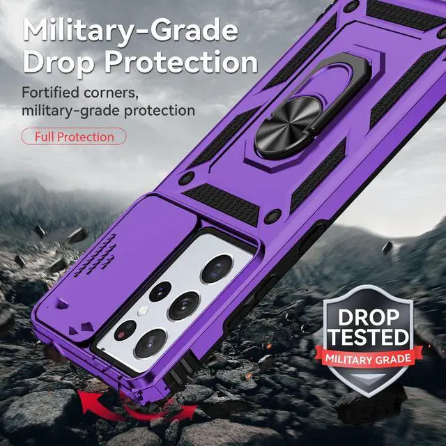 Alt view image 5 of 7 - Phone Case with Camera Lens Cover for Samsung Galaxy S21 Ultra 5G, Military-Grade Drop Tested, Magnetic Ring Holder Kickstand Protective Case, Purple