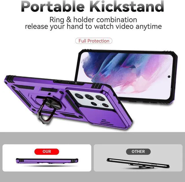 Alt view image 7 of 7 - Phone Case with Camera Lens Cover for Samsung Galaxy S21 Ultra 5G, Military-Grade Drop Tested, Magnetic Ring Holder Kickstand Protective Case, Purple