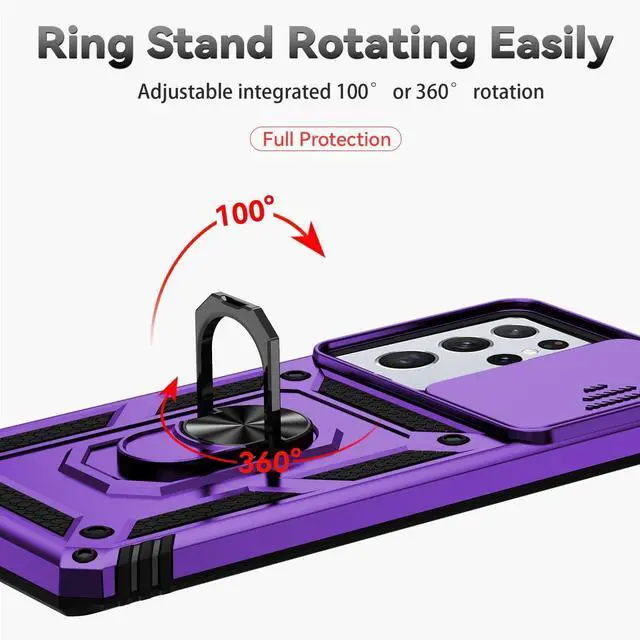 Alt view image 6 of 7 - Phone Case with Camera Lens Cover for Samsung Galaxy S21 Ultra 5G, Military-Grade Drop Tested, Magnetic Ring Holder Kickstand Protective Case, Purple