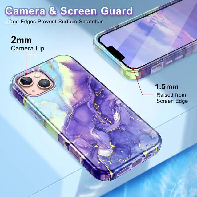 Alt view image 3 of 7 - CASEFIV Compatible with iPhone 13 Case, Marble Pattern 3 in 1 Heavy Duty Shockproof Full Body Rugged Hard PC+Soft Silicone Drop Protective Girls Women Cover for iPhone 13 6.1 inch 2021, Cobalt Violet