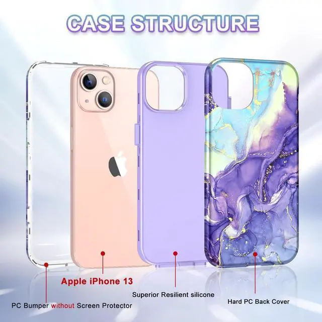 Alt view image 5 of 7 - CASEFIV Compatible with iPhone 13 Case, Marble Pattern 3 in 1 Heavy Duty Shockproof Full Body Rugged Hard PC+Soft Silicone Drop Protective Girls Women Cover for iPhone 13 6.1 inch 2021, Cobalt Violet