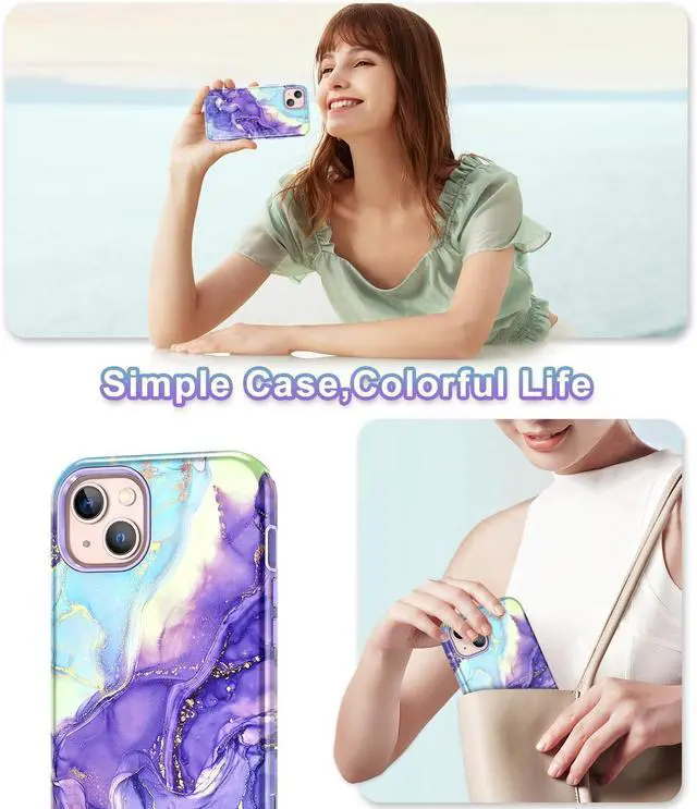 Alt view image 7 of 7 - CASEFIV Compatible with iPhone 13 Case, Marble Pattern 3 in 1 Heavy Duty Shockproof Full Body Rugged Hard PC+Soft Silicone Drop Protective Girls Women Cover for iPhone 13 6.1 inch 2021, Cobalt Violet