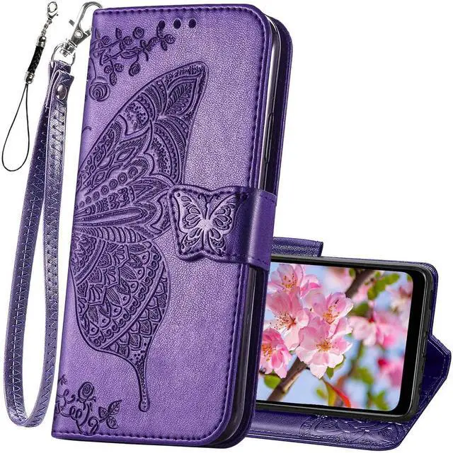 Main image of for Motorola Moto G Pure Phone Case Wallet,Women Butterfly Embossed PU Leather Protective Case with Kickstand Card Holder Slots Wrist Strap Flip Cover (Purple)