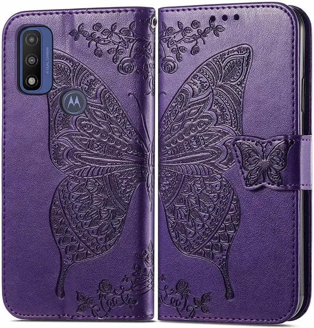 Alt view image 2 of 7 - for Motorola Moto G Pure Phone Case Wallet,Women Butterfly Embossed PU Leather Protective Case with Kickstand Card Holder Slots Wrist Strap Flip Cover (Purple)