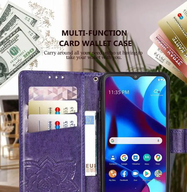 Alt view image 3 of 7 - for Motorola Moto G Pure Phone Case Wallet,Women Butterfly Embossed PU Leather Protective Case with Kickstand Card Holder Slots Wrist Strap Flip Cover (Purple)