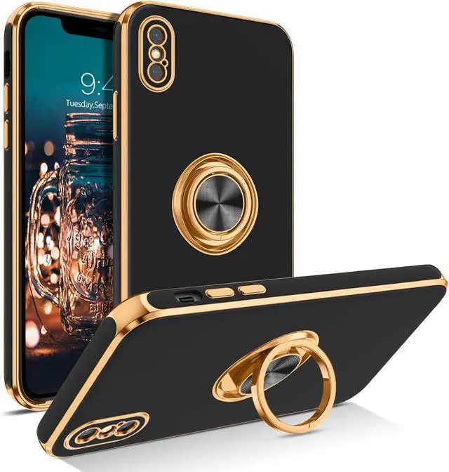 Main image of BENTOBEN for iPhone Xs Case, Phone Case iPhone X, Slim Fit Kickstand Ring Holder Design Shockproof Protection Soft TPU Bumper Drop Protective Girls Women Boys iPhone Xs/X 5.8" Cover, Black/Golden
