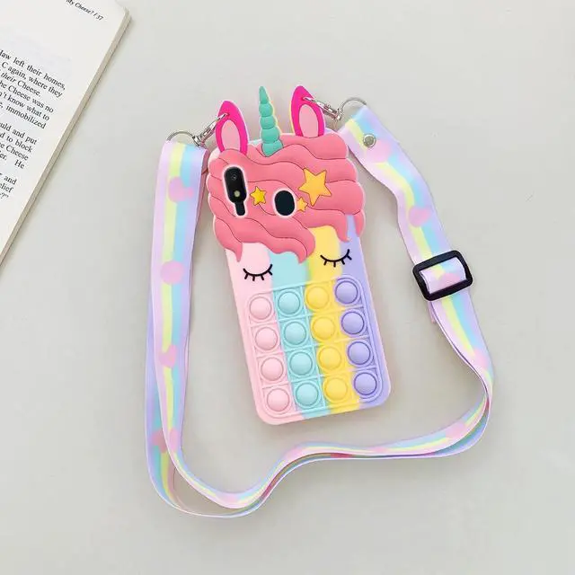 Alt view image 2 of 7 - nancheng for Samsung Galaxy A10E Phone Case with Strap Girls Woman Cute Silicone Bubble Cartoon Push Pop Toys Funny Kawaii Stress Relief Shockproof Protective Cover - Rainbow