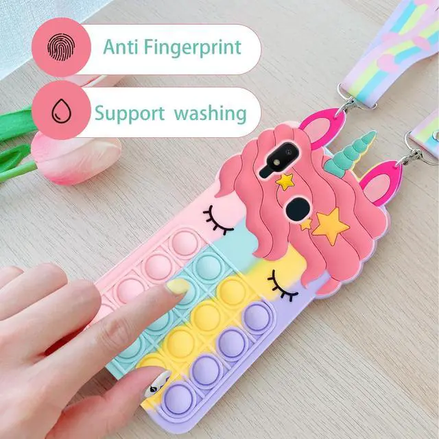 Alt view image 4 of 7 - nancheng for Samsung Galaxy A10E Phone Case with Strap Girls Woman Cute Silicone Bubble Cartoon Push Pop Toys Funny Kawaii Stress Relief Shockproof Protective Cover - Rainbow