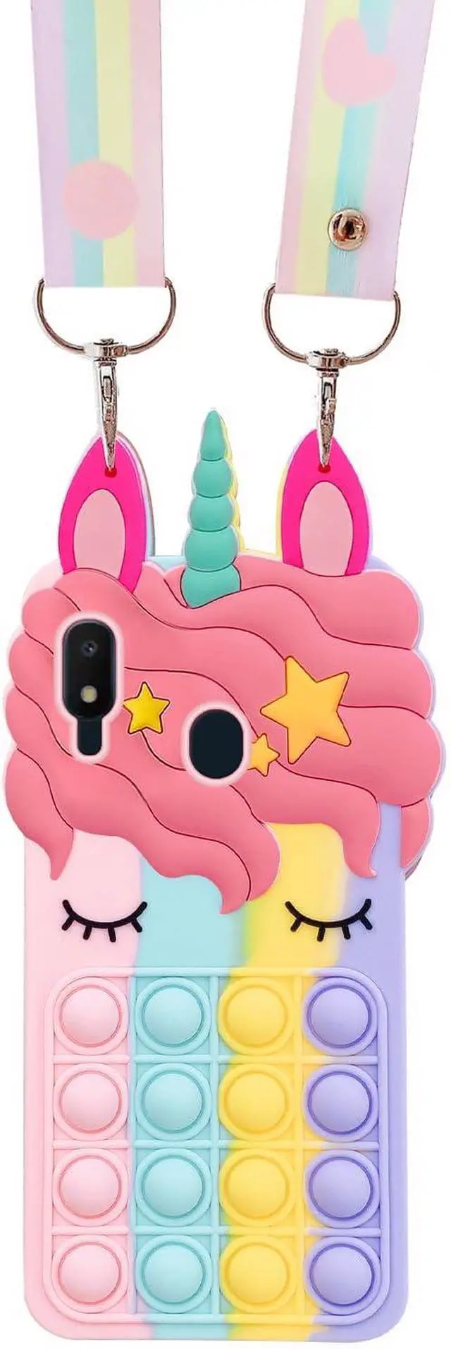 Alt view image 7 of 7 - nancheng for Samsung Galaxy A10E Phone Case with Strap Girls Woman Cute Silicone Bubble Cartoon Push Pop Toys Funny Kawaii Stress Relief Shockproof Protective Cover - Rainbow