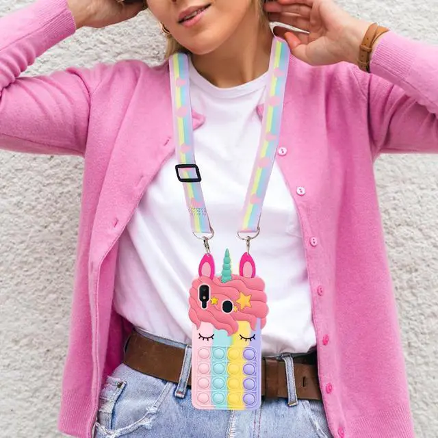 Alt view image 3 of 7 - nancheng for Samsung Galaxy A10E Phone Case with Strap Girls Woman Cute Silicone Bubble Cartoon Push Pop Toys Funny Kawaii Stress Relief Shockproof Protective Cover - Rainbow