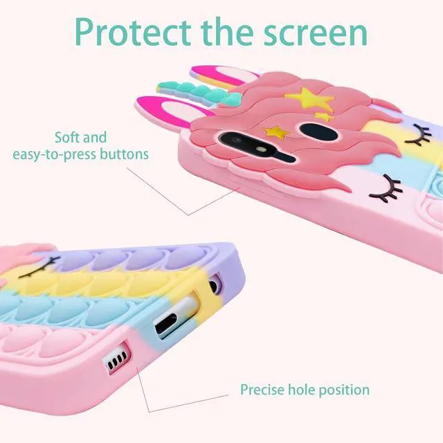 Alt view image 6 of 7 - nancheng for Samsung Galaxy A10E Phone Case with Strap Girls Woman Cute Silicone Bubble Cartoon Push Pop Toys Funny Kawaii Stress Relief Shockproof Protective Cover - Rainbow