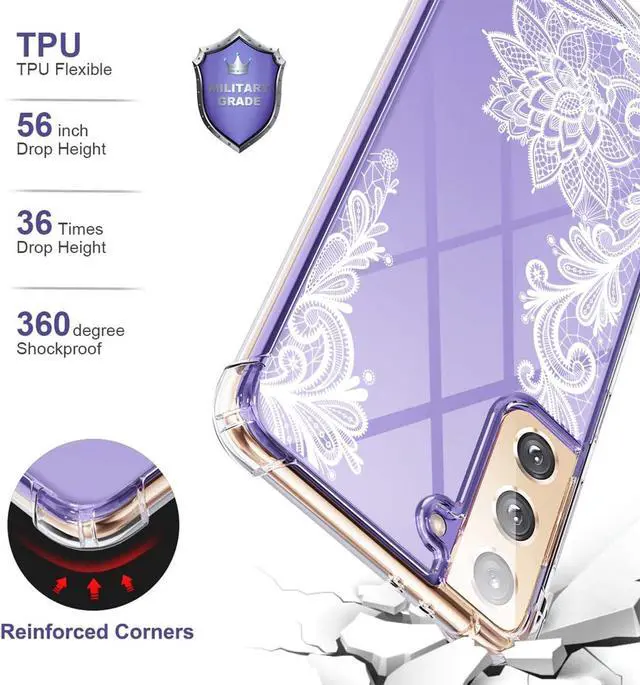 Alt view image 3 of 7 - KIOMY Clear Case for Samsung Galaxy S21+ Plus 5G Airbag Corners Shockproof Bumper Protective Phone Cover, Hybrid Design Hard PC Back with Flexible TPU Frame, Cute Lace Floral Flower Design