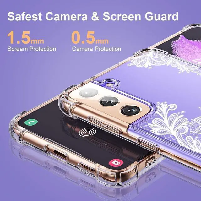 Alt view image 4 of 7 - KIOMY Clear Case for Samsung Galaxy S21+ Plus 5G Airbag Corners Shockproof Bumper Protective Phone Cover, Hybrid Design Hard PC Back with Flexible TPU Frame, Cute Lace Floral Flower Design