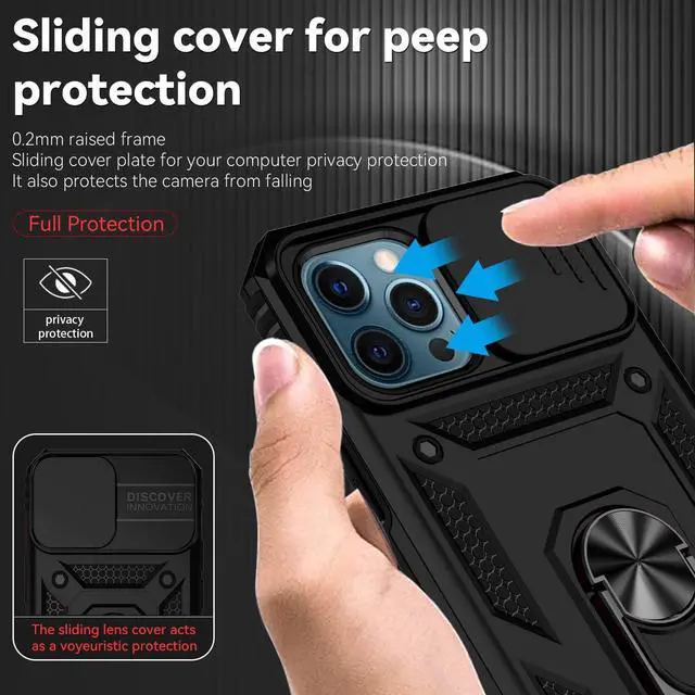 Alt view image 4 of 7 - for iPhone 12 Pro Max Case with Camera Lens Cover HD Screen Protector, Military Grade Drop Protection Magnetic Ring Holder Kickstand Protective Phone Case for Apple iPhone 12 Pro Max 6.7 inch (Black)
