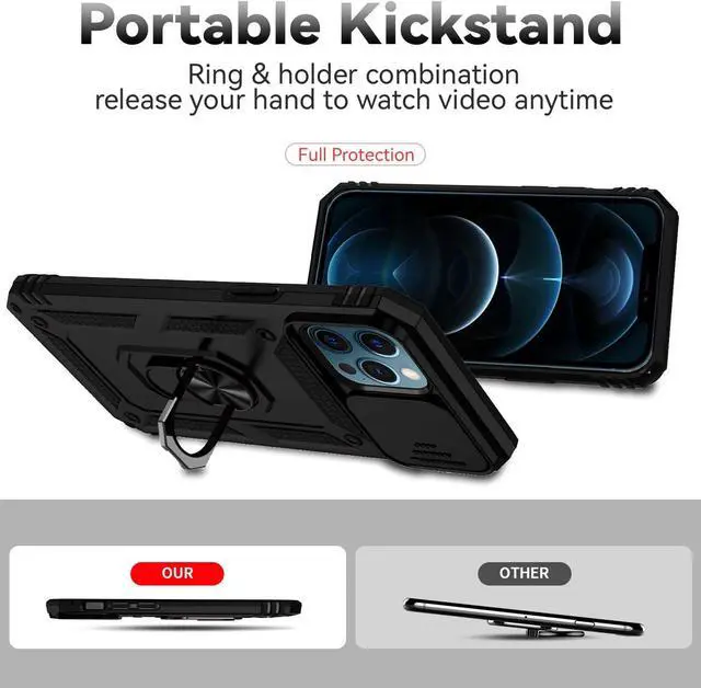 Alt view image 7 of 7 - for iPhone 12 Pro Max Case with Camera Lens Cover HD Screen Protector, Military Grade Drop Protection Magnetic Ring Holder Kickstand Protective Phone Case for Apple iPhone 12 Pro Max 6.7 inch (Black)