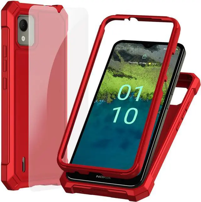 Main image of Ailiber Case for Nokia C110 with Tempered Glass Screen Protector, 2 Layer Structure Protection, Shockproof Corners TPU Bumper, Military Grade Protective Cover - Red
