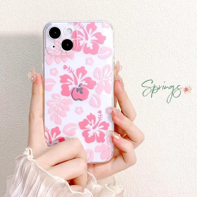 Alt view image 2 of 6 - Compatible for iPhone 14 Case Cute Clear Hibiscus Flower Floral Aesthetic Printed Design for Girls Women Soft TPU Shockproof Protective Girly for iPhone 14-Pink