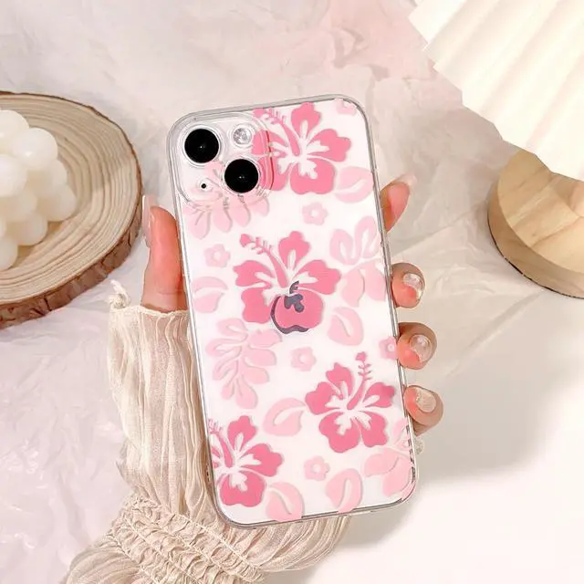 Alt view image 3 of 6 - Compatible for iPhone 14 Case Cute Clear Hibiscus Flower Floral Aesthetic Printed Design for Girls Women Soft TPU Shockproof Protective Girly for iPhone 14-Pink
