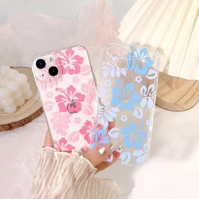 Alt view image 4 of 6 - Compatible for iPhone 14 Case Cute Clear Hibiscus Flower Floral Aesthetic Printed Design for Girls Women Soft TPU Shockproof Protective Girly for iPhone 14-Pink