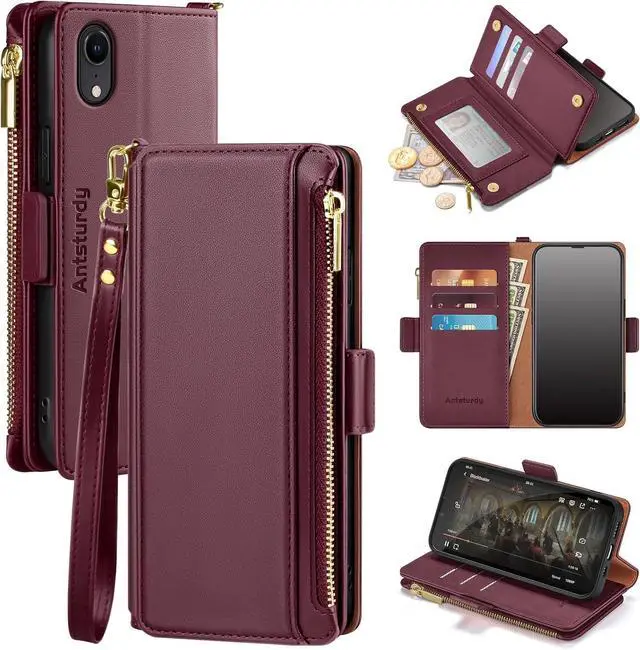Main image of Antsturdy Compatible with iPhone XR Wallet Case,RFID Blocking PU Leather Phone Case Women Men Flip Shockproof Protective Cover with Wrist Strap Zipper Pocket Credit Card Holder Slots,Wine Red
