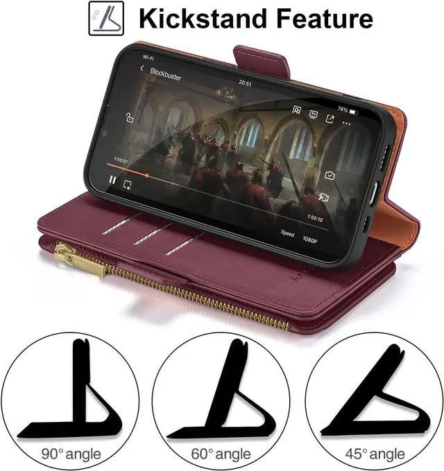 Alt view image 7 of 7 - Antsturdy Compatible with iPhone XR Wallet Case,RFID Blocking PU Leather Phone Case Women Men Flip Shockproof Protective Cover with Wrist Strap Zipper Pocket Credit Card Holder Slots,Wine Red