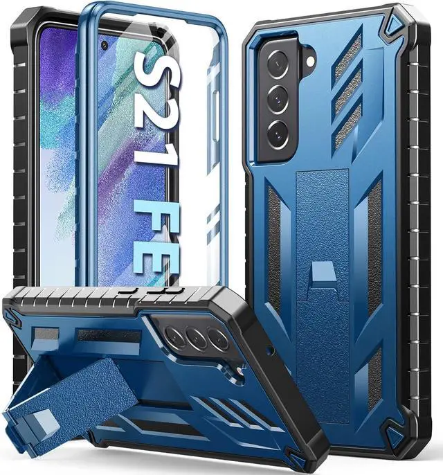 Main image of for Samsung Galaxy S21-FE Phone Case: Dual-Layer Military Grade Drop Proof Full Protection Cover with Kickstand | Durable Rugged Shockproof TPU Matte Textured Tough Protective Bumper Shell (Blue)