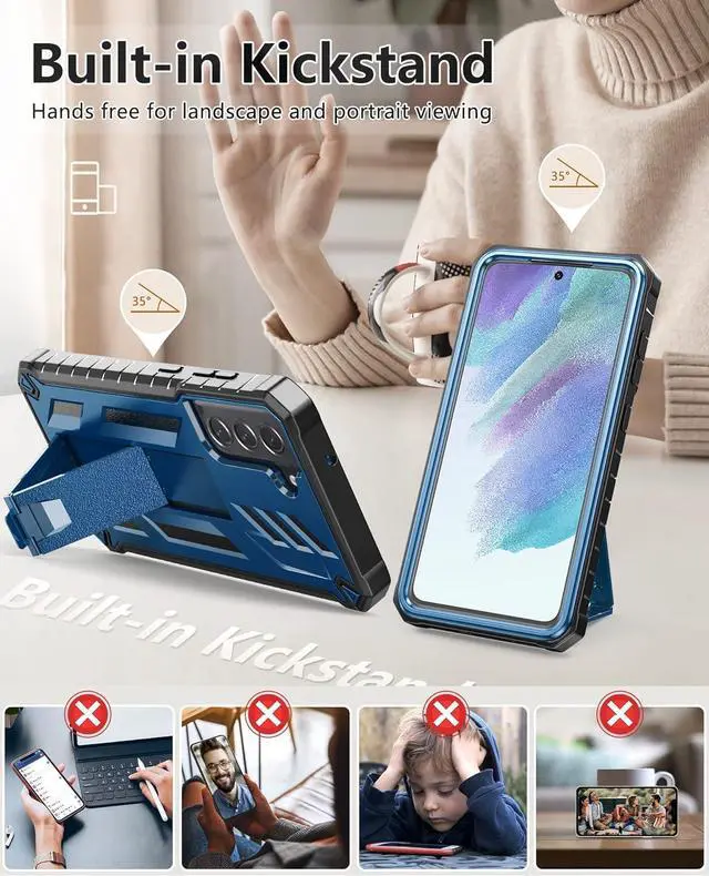 Alt view image 3 of 7 - for Samsung Galaxy S21-FE Phone Case: Dual-Layer Military Grade Drop Proof Full Protection Cover with Kickstand | Durable Rugged Shockproof TPU Matte Textured Tough Protective Bumper Shell (Blue)