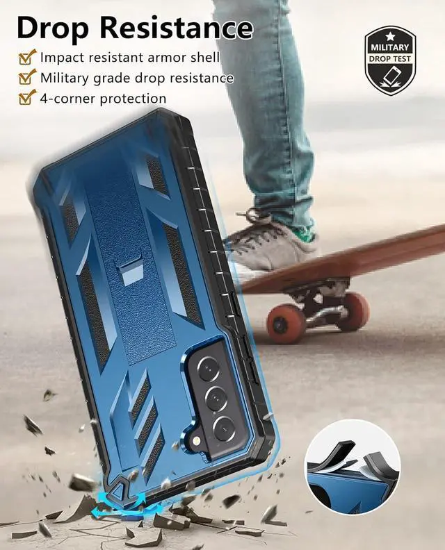 Alt view image 5 of 7 - for Samsung Galaxy S21-FE Phone Case: Dual-Layer Military Grade Drop Proof Full Protection Cover with Kickstand | Durable Rugged Shockproof TPU Matte Textured Tough Protective Bumper Shell (Blue)