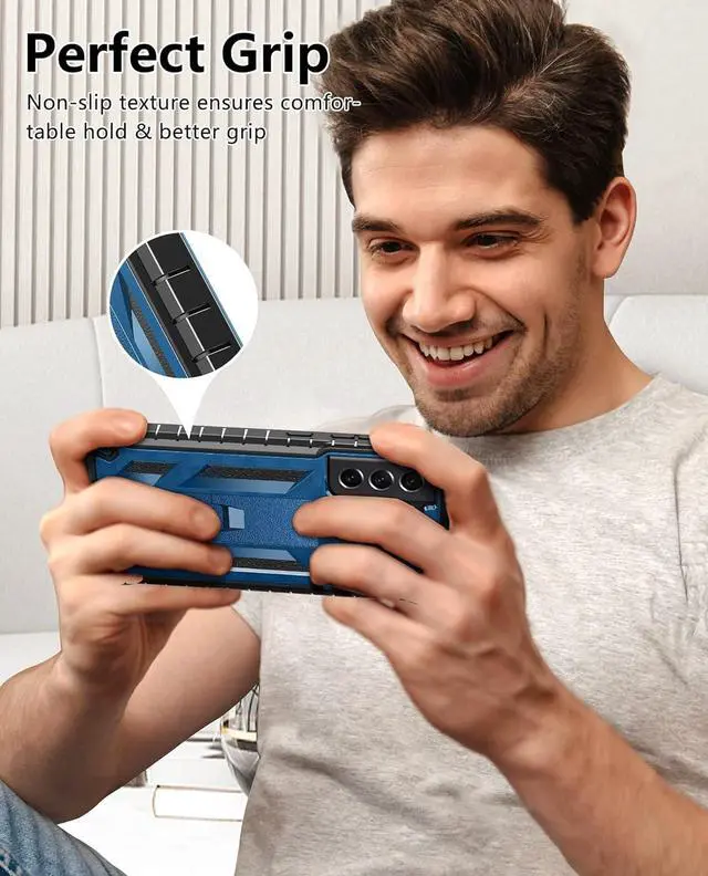 Alt view image 6 of 7 - for Samsung Galaxy S21-FE Phone Case: Dual-Layer Military Grade Drop Proof Full Protection Cover with Kickstand | Durable Rugged Shockproof TPU Matte Textured Tough Protective Bumper Shell (Blue)