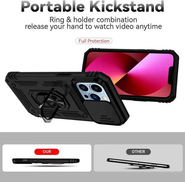 Alt view image 7 of 7 - for iPhone 13 Pro Max Case,with Camera Lens Cover HD Screen Protector,[Military Grade] Ring Car Mount Kickstand Hybrid Hard PC Soft TPU Shockproof Protective Case for iPhone 13 Pro Max, Black