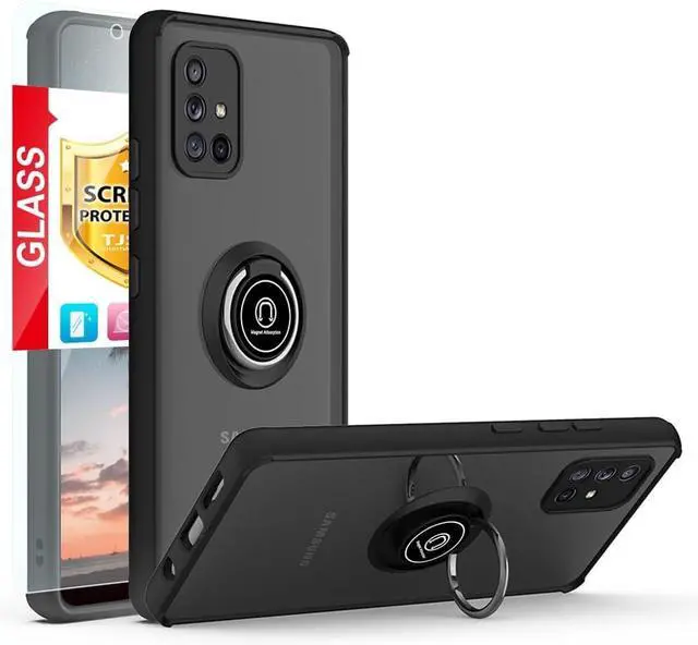 Main image of TJS Compatible with Samsung Galaxy A71 5G Case, with Tempered Glass Screen Protector, Metal Ring Magnetic Support Kickstand Heavy Duty Drop Protector Phone Case (Black)
