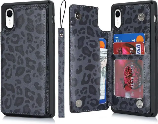 Main image of Cavor for iPhone Xr Wallet Case with Card Holder,for iPhone Xr Case for Women Men,Phone Case for iPhone Xr Cases with Stand and Strap,Leopard Grain Shockproof Protective Cover-Black