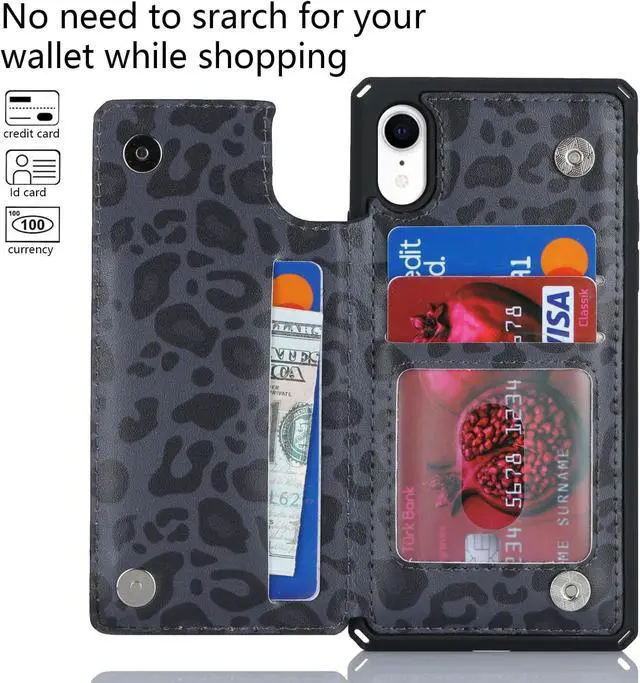 Alt view image 3 of 7 - Cavor for iPhone Xr Wallet Case with Card Holder,for iPhone Xr Case for Women Men,Phone Case for iPhone Xr Cases with Stand and Strap,Leopard Grain Shockproof Protective Cover-Black