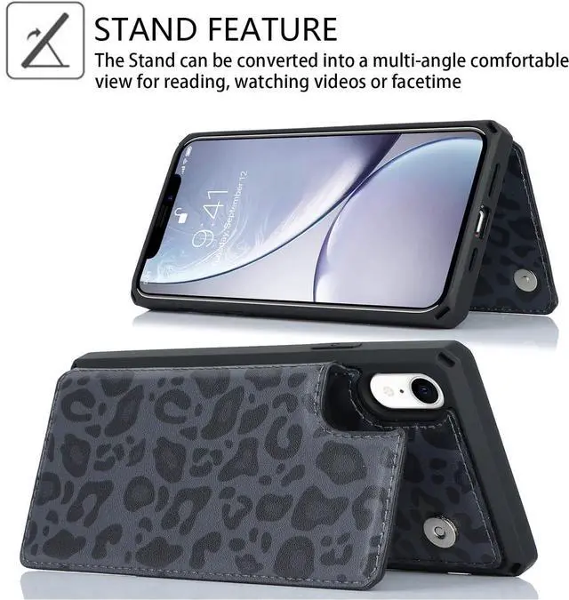 Alt view image 5 of 7 - Cavor for iPhone Xr Wallet Case with Card Holder,for iPhone Xr Case for Women Men,Phone Case for iPhone Xr Cases with Stand and Strap,Leopard Grain Shockproof Protective Cover-Black