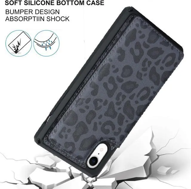 Alt view image 6 of 7 - Cavor for iPhone Xr Wallet Case with Card Holder,for iPhone Xr Case for Women Men,Phone Case for iPhone Xr Cases with Stand and Strap,Leopard Grain Shockproof Protective Cover-Black