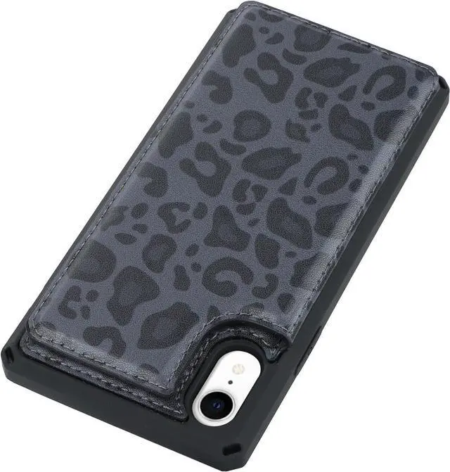 Alt view image 7 of 7 - Cavor for iPhone Xr Wallet Case with Card Holder,for iPhone Xr Case for Women Men,Phone Case for iPhone Xr Cases with Stand and Strap,Leopard Grain Shockproof Protective Cover-Black