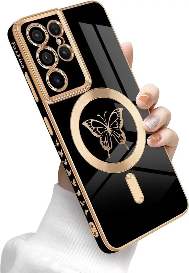 Main image of for Samsung Galaxy S21 Ultra 5G Magnetic Case, Cute Butterfly Plating Edge Case with MagSafe for Women Girls Men Soft TPU Bumper Shockproof Protective Cover for Samsung Galaxy S21 Ultra-Black