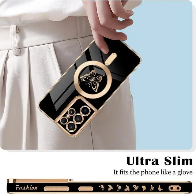 Alt view image 2 of 7 - for Samsung Galaxy S21 Ultra 5G Magnetic Case, Cute Butterfly Plating Edge Case with MagSafe for Women Girls Men Soft TPU Bumper Shockproof Protective Cover for Samsung Galaxy S21 Ultra-Black